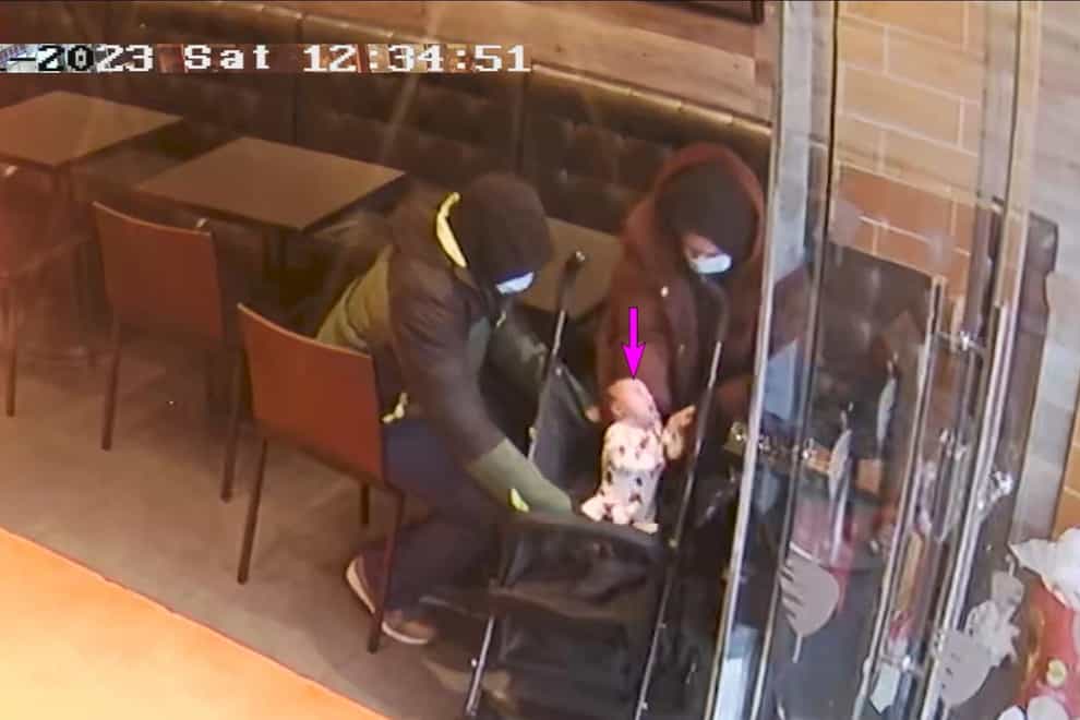 CCTV footage of Constance Marten, Mark Gordon and baby Victoria in a shop in East Ham, east London, which was shown in court during their trial (Metropolitan Police/PA)