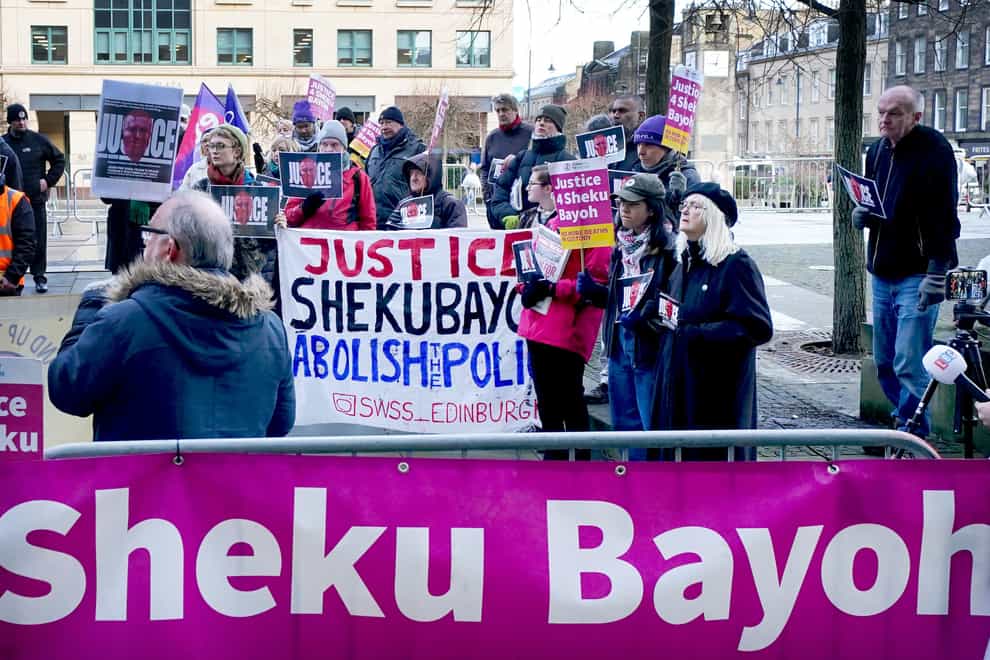 Protesters outside Capital House in Edinburgh where the inquiry into the death of Sheku Bayoh is taking place (Jane Barlow/PA)