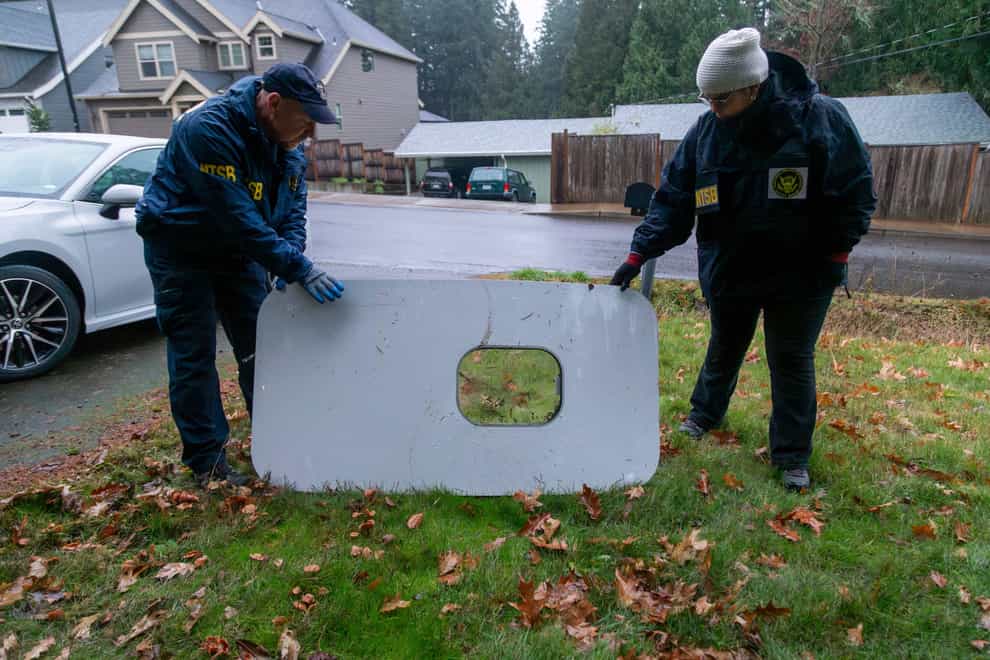 The door plug from Alaska Airlines Flight 1282 found in Portland, Oregon (National Transportation Safety Board via AP)