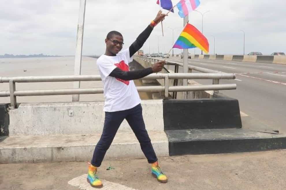 Joel Mordi hopes to set a world record by walking 15,000km backwards to raise awareness of the homophobia faced by people around the world (Joel Mordi/PA)