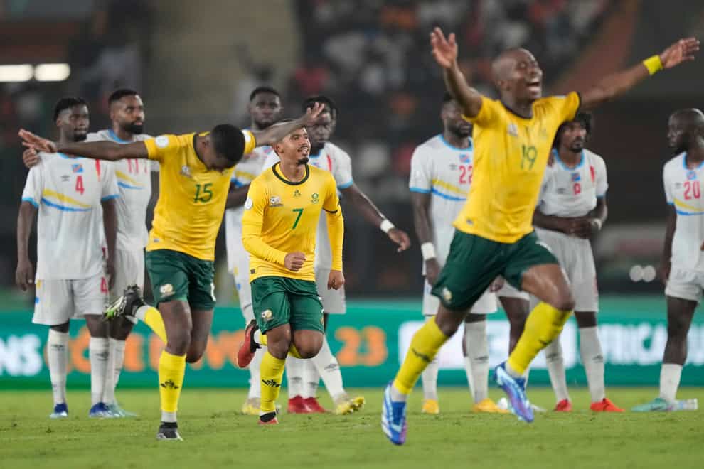 South Africa celebrate their penalty shoot-out win over DR Congo (Sunday Alamba/AP)