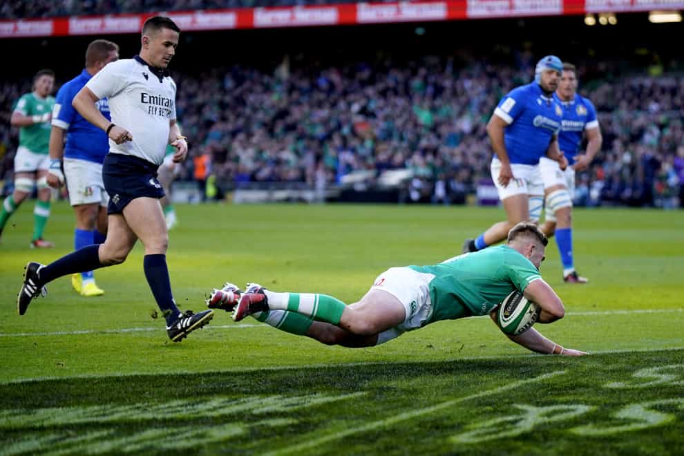 Jack Crowley scores Ireland’s first try of the game (Niall Carson/PA)