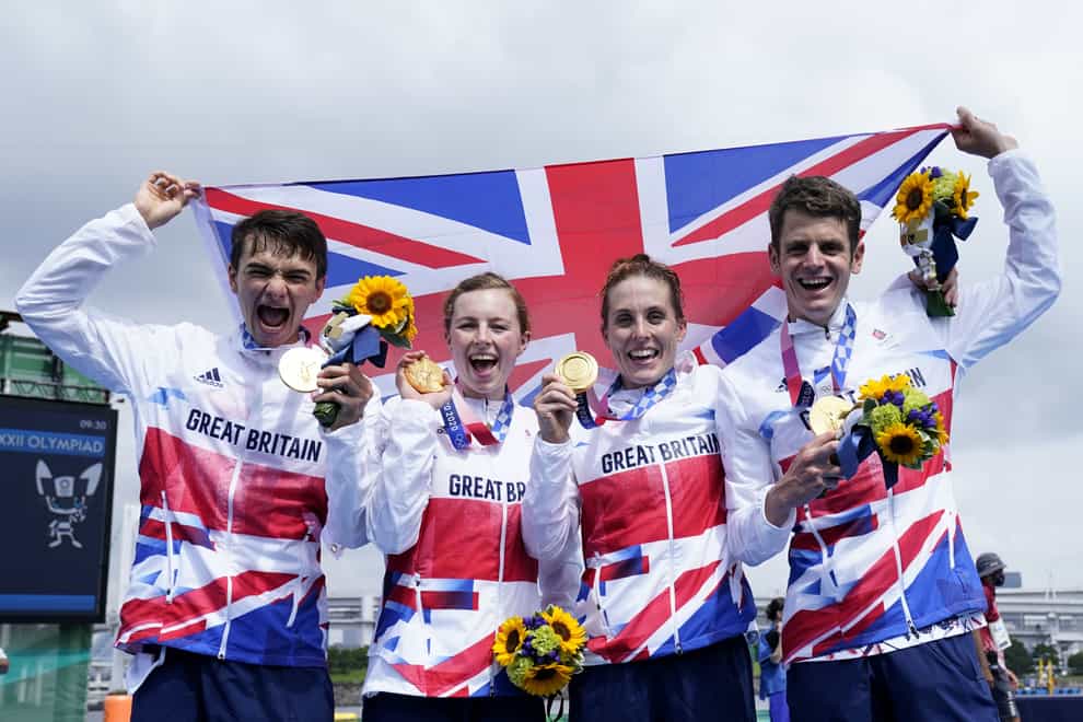 Jess Learmonth, second right, won mixed relay gold at Tokyo 2020 alongside Alex Yee, left, Georgia Taylor-Brown and Jonny Brownlee (Danny Lawson/PA)