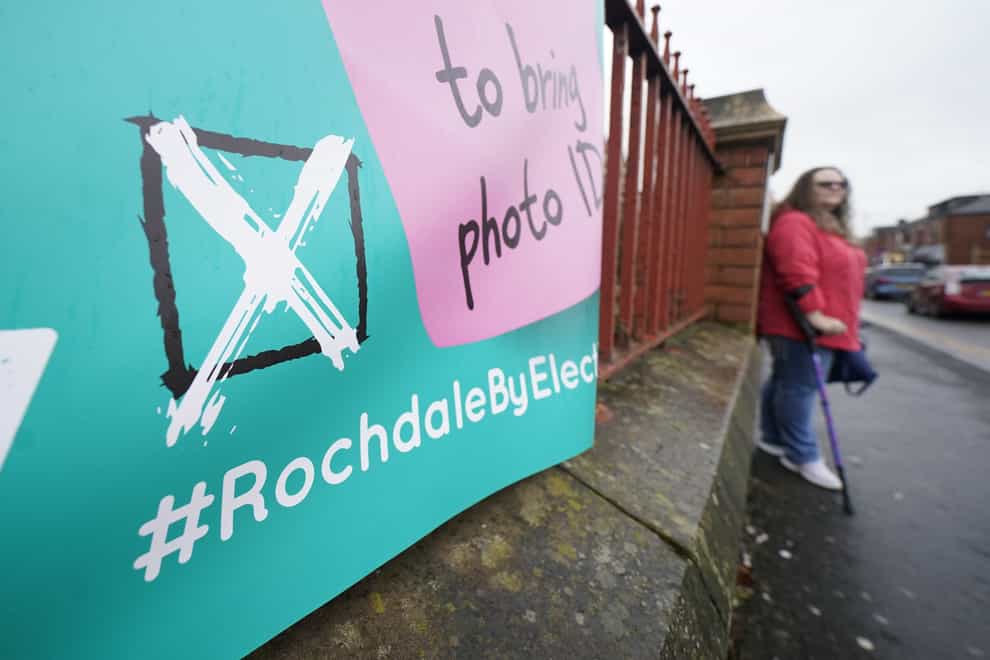 A sign for a polling station in Rochdale, Greater Manchester, ahead of the by-election February 29 (Danny Lawson/PA)