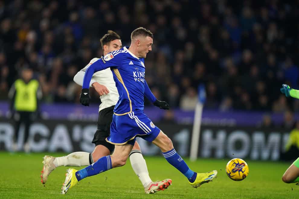 Jamie Vardy scores Leicester’s second goal of the game (Mike Egerton/PA)