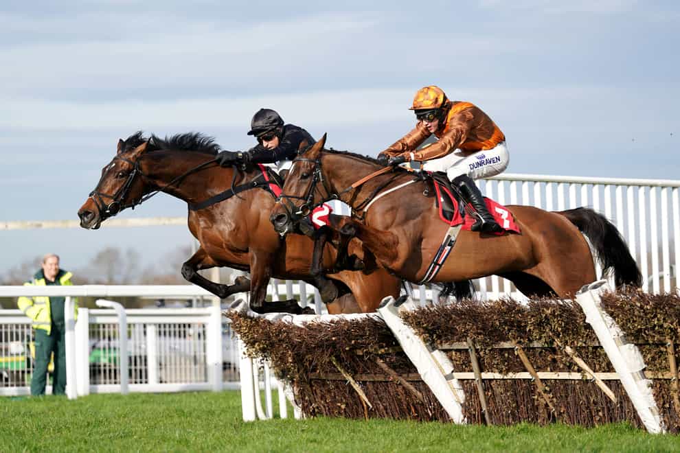Springtime Promise ridden by jockey Connor Brace (right) on their way to winning the Weatherbys Cheltenham Festival Betting Guide Jane Seymour Mares’ Novices’ Hurdle with Cherie D’am ridden by jockey Harry Skelton second during the Royal Artillery Gold Cup Day at Sandown Park Racecourse, Surrey (Bradley Collyer/PA)