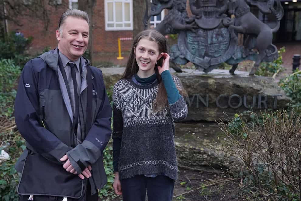 BBC presenter Chris Packham with Cressie Gethin outside Isleworth Crown Court, west London, ahead of her the trial after she climbed an M25 gantry in 2022 (Jonathan Brady/PA)