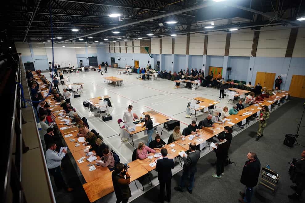Votes are counted for the Kingswood by-election at the Thornbury Leisure Centre, Gloucestershire.