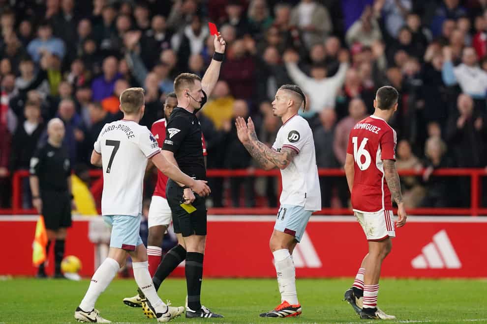 Kalvin Phillips was sent off for two quickfire yellow cards (Mike Egerton/PA)