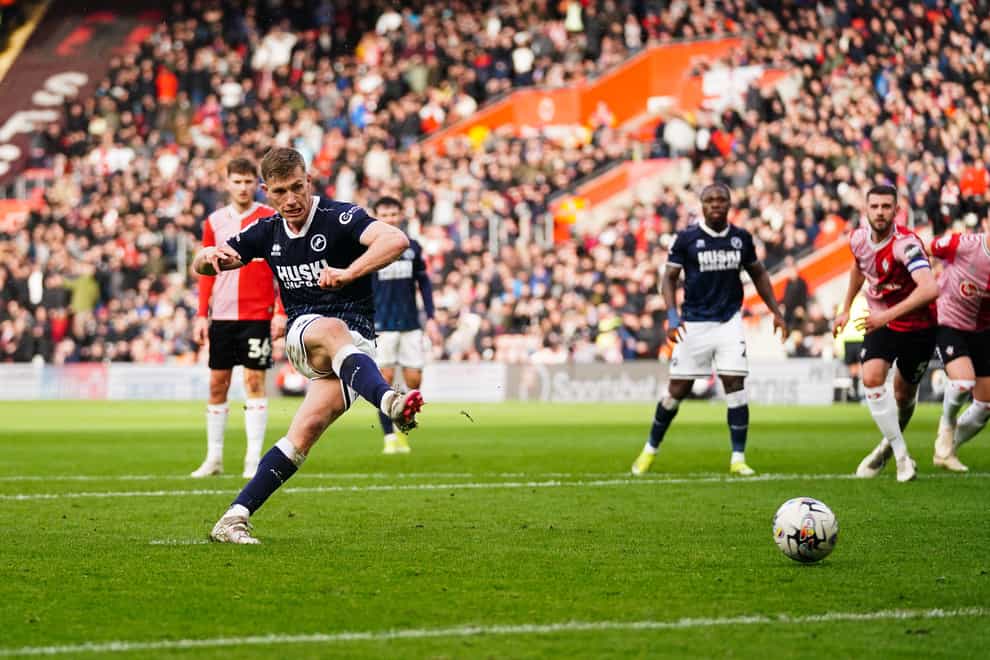 Millwall’s Zian Flemming scores their side’s second goal during the Sky Bet Championship match at St Mary’s Stadium, Southampton. Picture date: Saturday February 24, 2024.