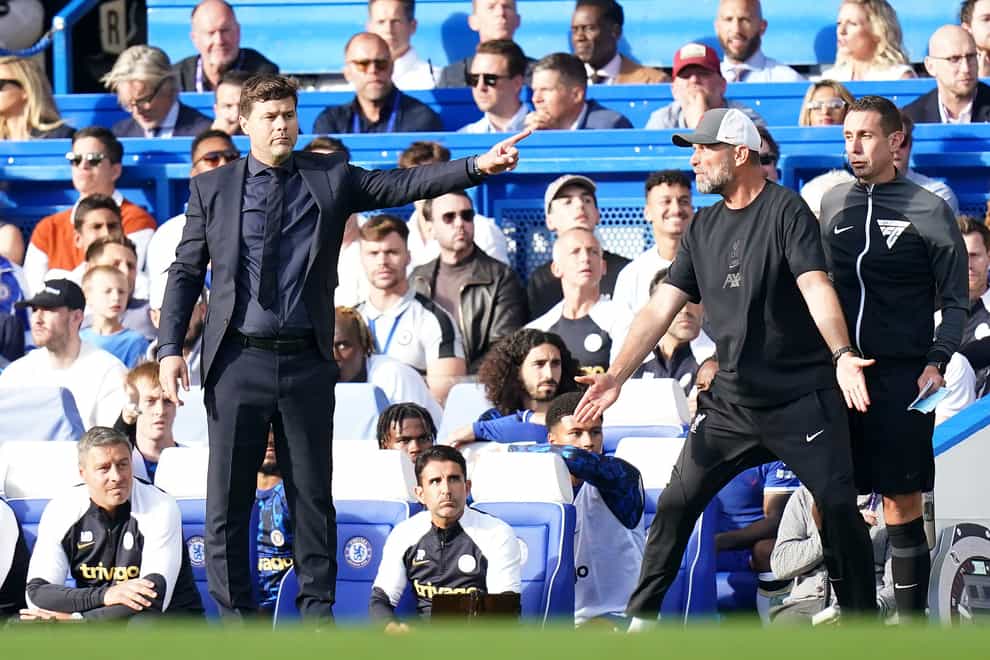 File photo dated 13-08-2023 of Chelsea manager Mauricio Pochettino (left) and Liverpool manager Jurgen Klopp. Familiar foes Liverpool and Chelsea to renew rivalry in Carabao Cup final, The two teams have met 17 times since September 2018 and, on the three occasions those have been finals, each one has gone to penalties, with Liverpool victorious in all three. Issue date: Wednesday February 21, 2024.