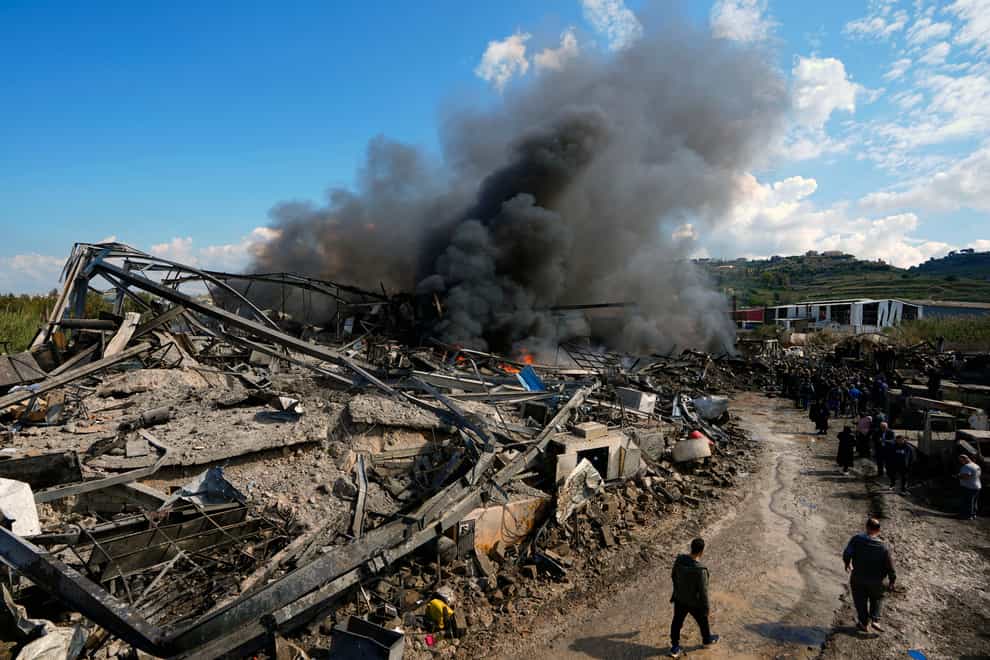 A destroyed warehouse that was attacked by Israeli airstrikes, at an industrial district in the southern coastal town of Ghazieh, Lebanon (Bilal Hussein/AP)