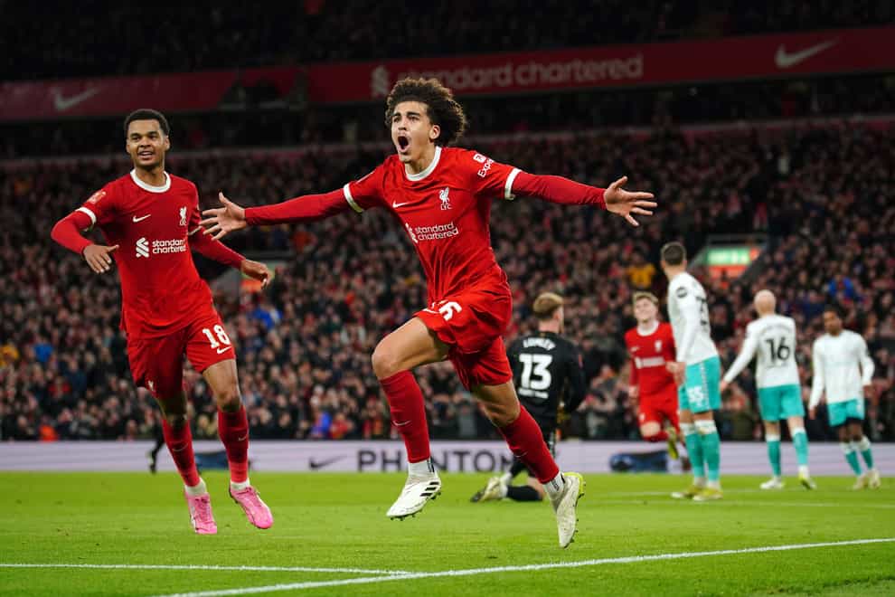 Jayden Danns celebrates scoring for Liverpool against Southampton (Peter Byrne/PA)