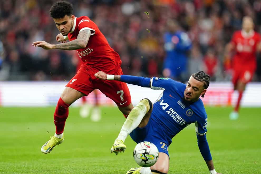 Liverpool’s Luis Diaz and Chelsea’s Malo Gusto (right) battle for the ball (Nick Potts/PA)