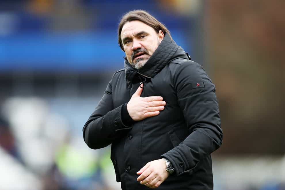 Leeds manager Daniel Farke acknowledges the fans after a draw at Huddersfield (Jess Hornby/PA)