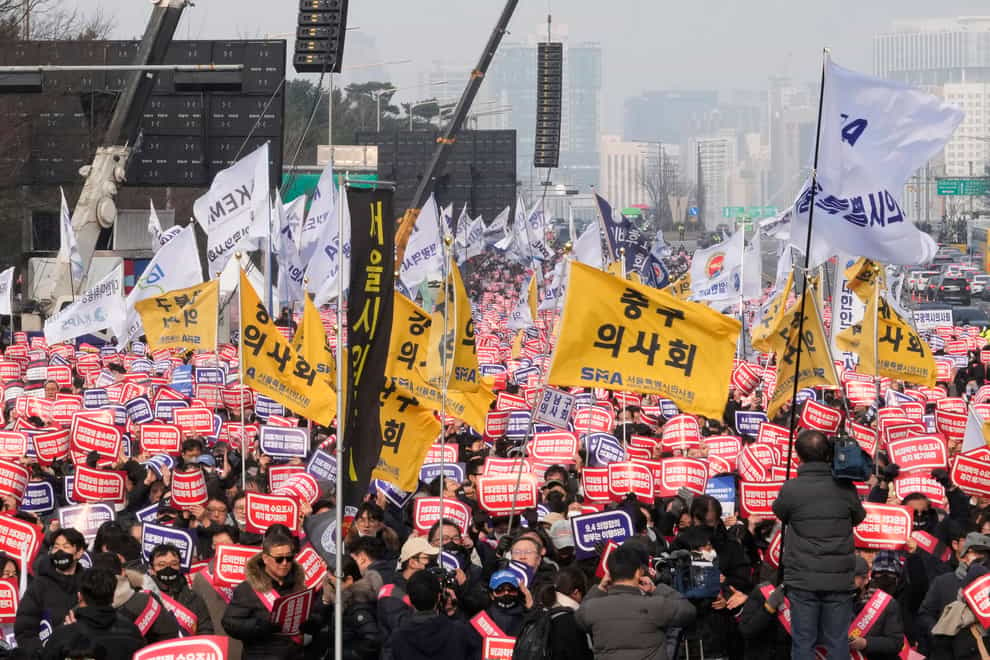 Doctors staged the rally in protest against the government’s medical school policy (Ahn Young-joon/AP)