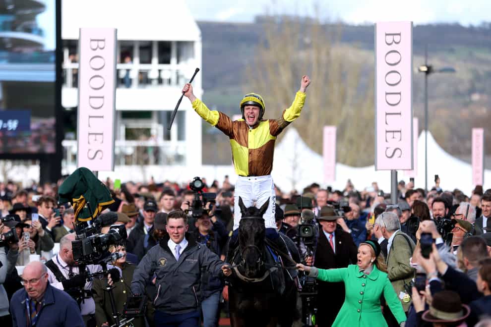 Paul Townend celebrates winning the Gold Cup with Galopin Des Champs (Steven Paston for The Jockey Club)