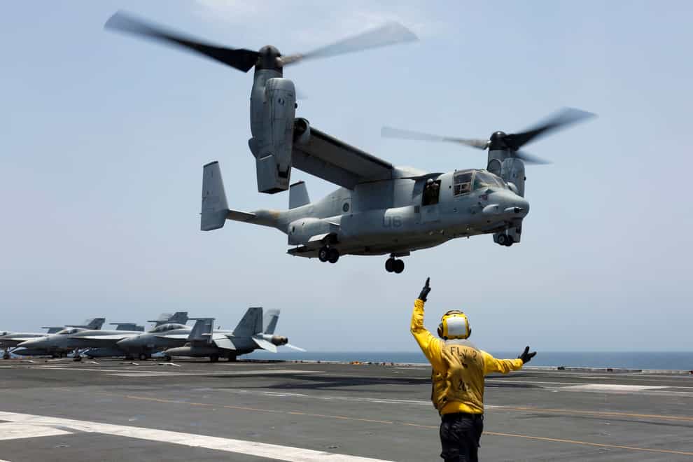 An MV-22 Osprey lands on the flight deck of the USS Abraham Lincoln (US Navy via AP)