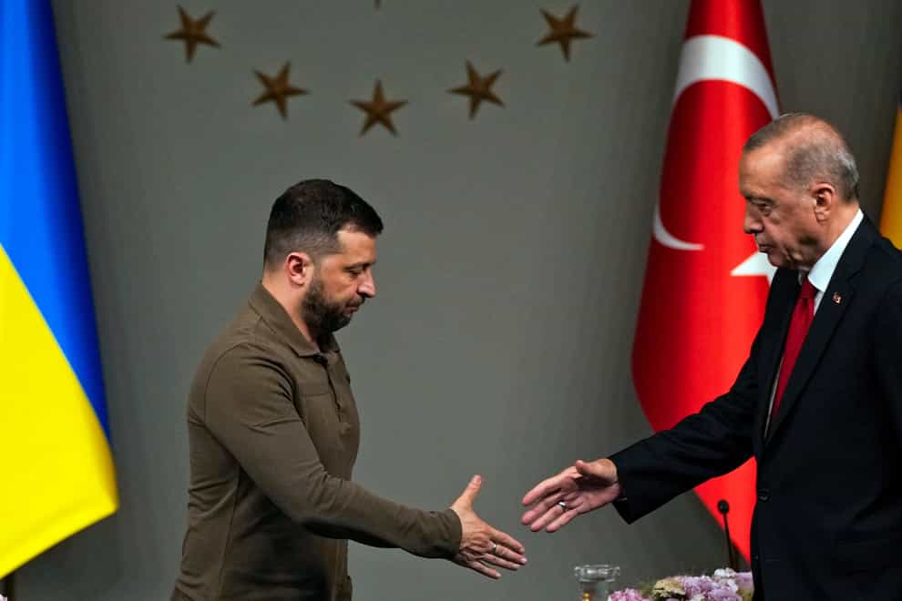 Turkey’s President Recep Tayyip Erdogan shakes hands with Ukraine’s President Volodymyr Zelensky (Francisco Seco/AP)