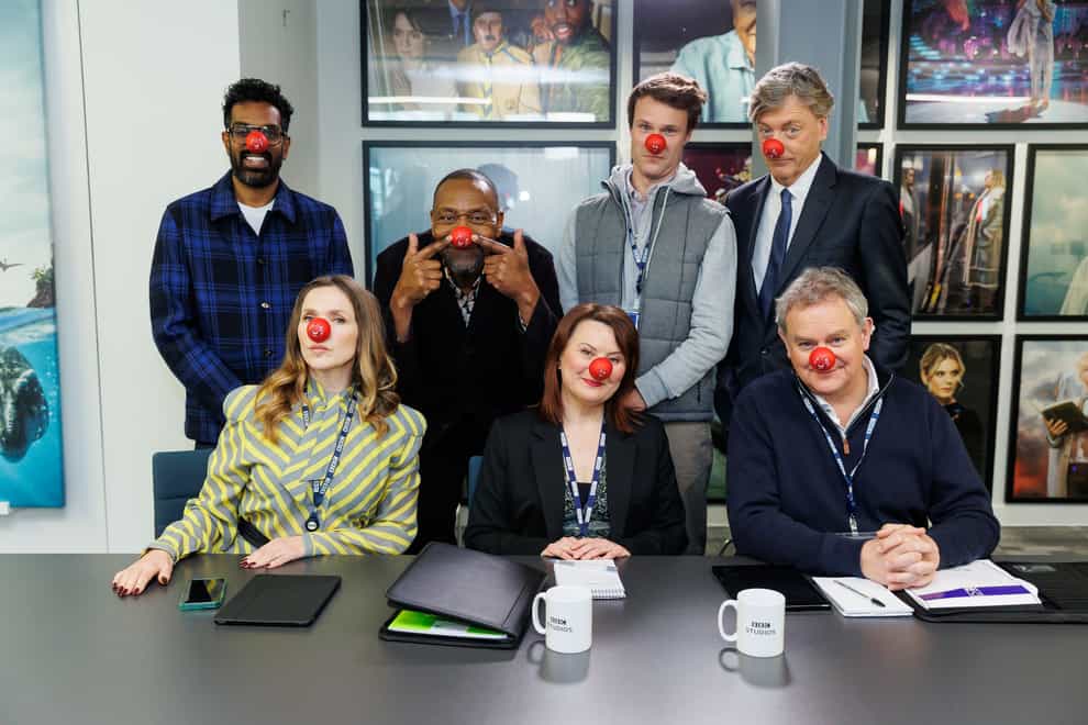 Sir Lenny Henry during the filming of his W1A replacement sketch as part of the Red Nose Day 2024 campaign with Romesh Ranganathan, Jessica Hynes, Hugh Bonneville, Hugh Skinner, Monica Dolan and Richard Madeley (BBC/PA)