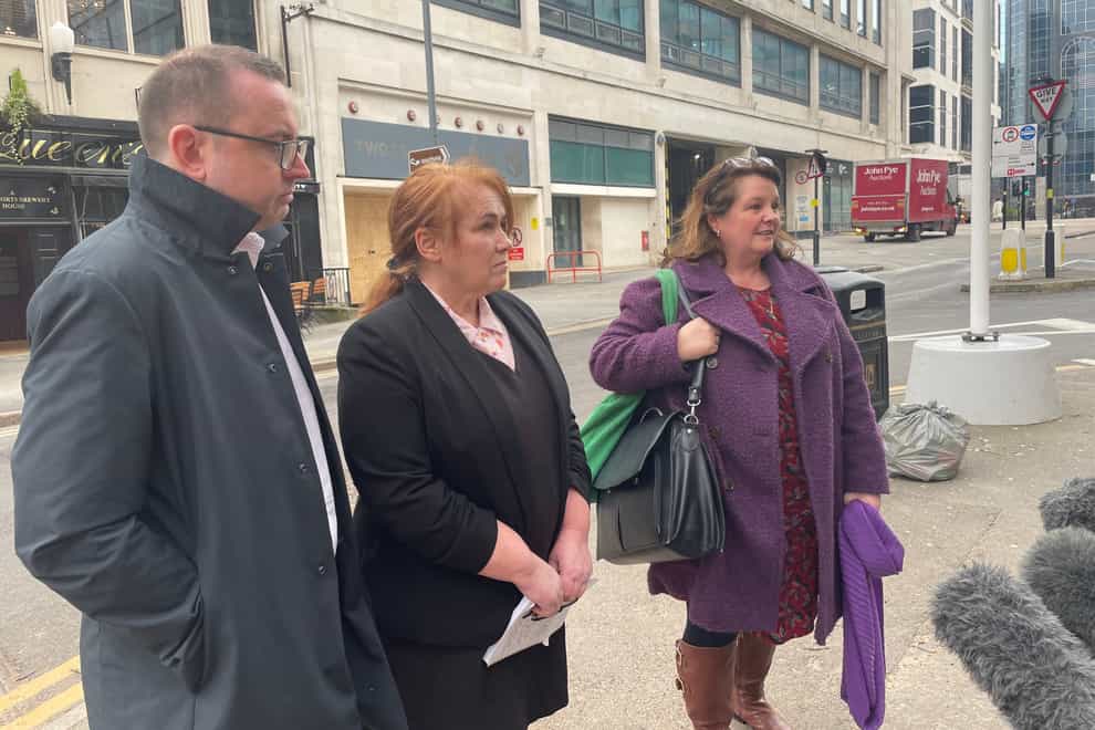 Joanne Billington, centre, speaks to the media alongside Anne Callaghan, right, outside Birmingham Coroner’s Court (Stephanie Wareham/PA)