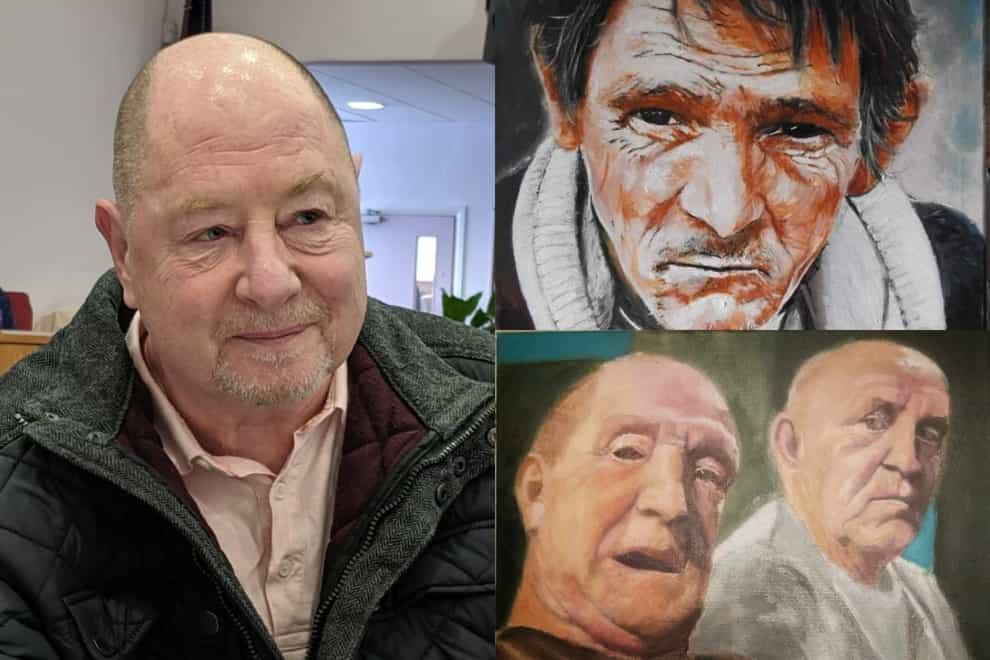 Artist Ady Medcalf (left) has been painting the portraits of the ‘legends of Wrexham’ every week for the last seven years (Ady Medcalf/PA)