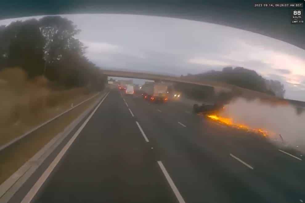 Video grab image from a dashcam in the cab of an HGV driver (Cambridgeshire Police/PA)