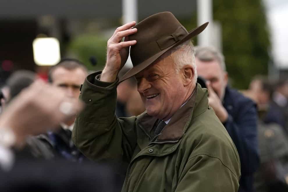 Willie Mullins celebrates his 100th Cheltenham Festival victory after horse Jasmin De Vaux ridden by Patrick Mullins (not pictured) won the the Weatherbys Champion Bumper on day two of the 2024 Cheltenham Festival at Cheltenham Racecourse. Picture date: Wednesday March 13, 2024.