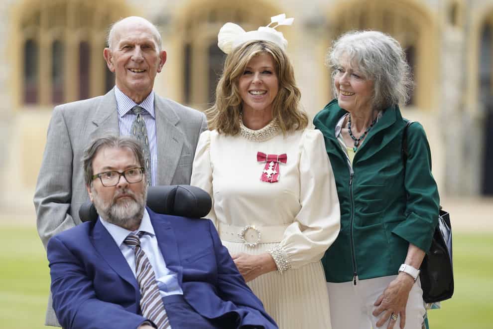 Kate Garraway, with her husband Derek Draper and her parents Gordon and Marilyn Garraway. (Andrew Matthews/PA)