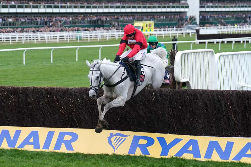 Grey Dawning ridden by Harry Skelton on their way to winning the Turners Novices’ Chase on day three of the 2024 Cheltenham Festival at Cheltenham Racecourse. Picture date: Thursday March 14, 2024.