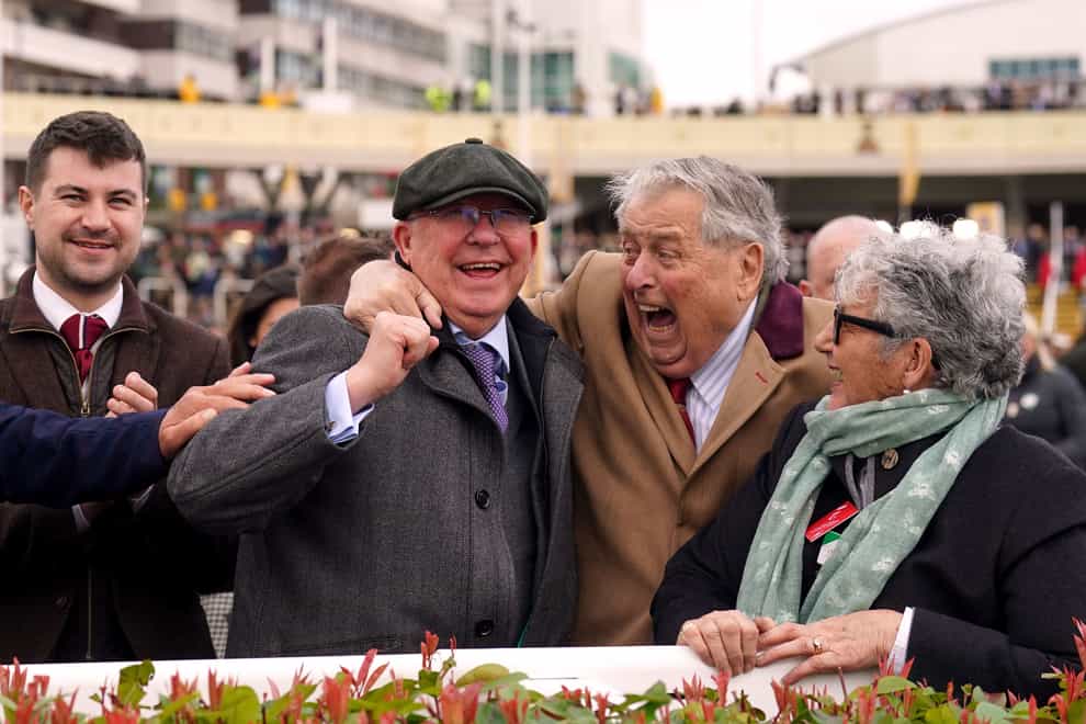 Sir Alex Ferguson, owner of Monmiral, celebrates winning the Pertemps Network Final, which was ridden to victory by Harry Cobden on day three of the 2024 Cheltenham Festival at Cheltenham Racecourse. Picture date: Thursday March 14, 2024.