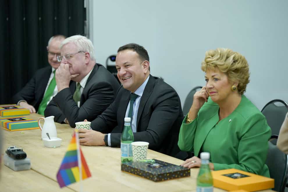Taoiseach Leo Varadkar and the Ambassador of Ireland to the US, Geraldine Byrne Nason, during a meeting with representatives of the Capital Pride Alliance in Washington DC (Niall Carson/PA)
