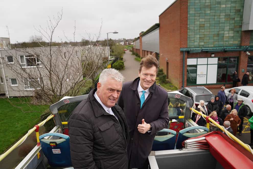 Reform UK leader Richard Tice, right, joins former Conservative deputy chairman Lee Anderson MP as they campaign for their party in his constituency of Ashfield, Nottinghamshire (Stefan Rousseau/PA)