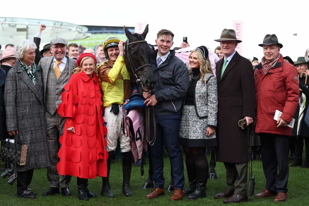 Greg Turley, Audrey Turley, Paul Townend, groom Adam Connolly, Sarah Turley and Willie Mullins after winning the Boodles Cheltenham Gold Cup Steeple Chase with Galopin Des Champs on day four of the 2024 Cheltenham Festival at Cheltenham Racecourse. Picture date: Friday March 15, 2024.