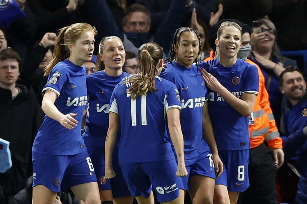 Chelsea’s Lauren James, second right, celebrates her opener with team-mates including fellow scorer Sjoeke Nusken, left (Nigel French/PA)