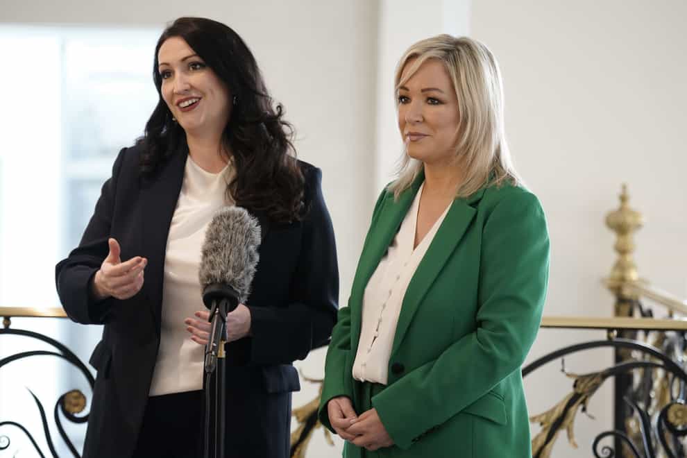 Northern Ireland First Minister Michelle O’Neill (right) and deputy First Minister Emma Little-Pengelly attend the Northern Ireland Bureau breakfast at the Waldorf Astoria Hotel, in Washington DC (Niall Carson/PA)
