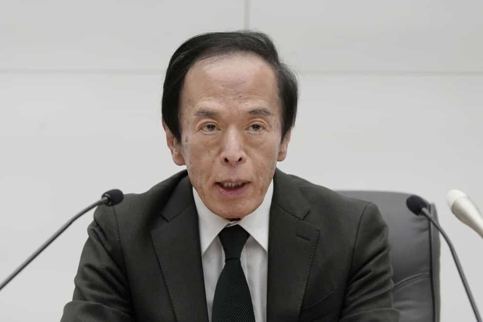 Kazuo Ueda, the governor of the Bank of Japan, speaks during a press conference (Kyodo News via AP)