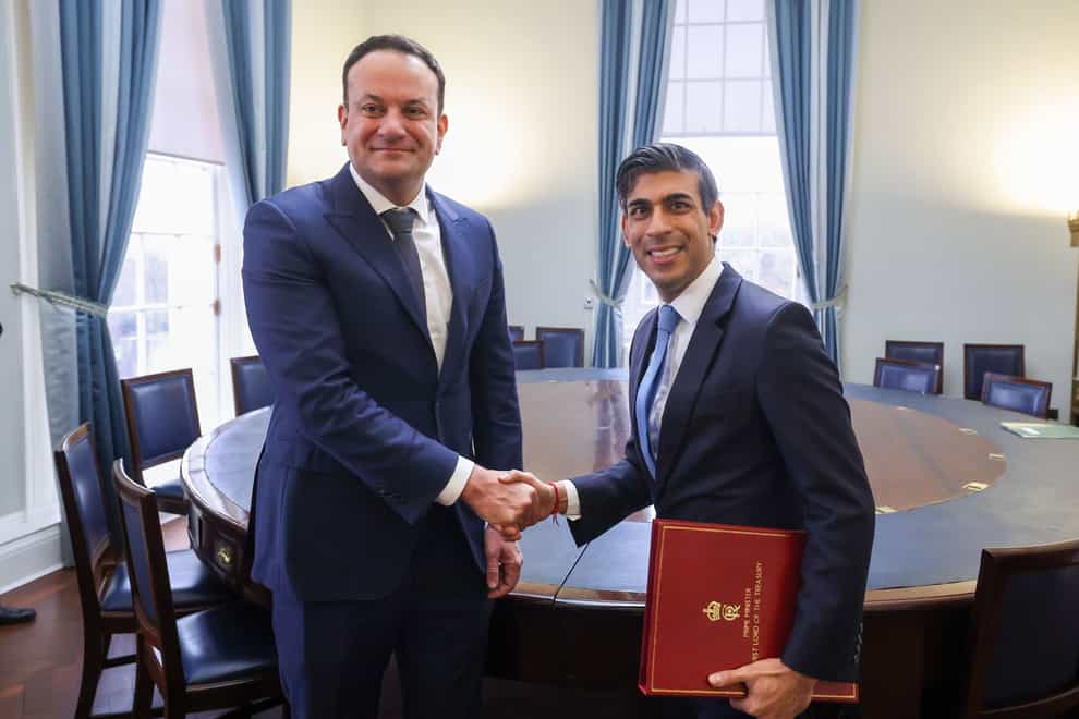 Photo issued by Government of Ireland of Taoiseach Leo Varadkar with Prime Minister Rishi Sunak at Parliament Buildings in Belfast, following the restoration of the powersharing executive (Government of Ireland/PA)