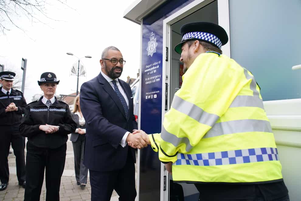 Home Secretary James Cleverly on Crawley High Street during a visit to Sussex Police in Crawley (Gareth Fuller/PA)