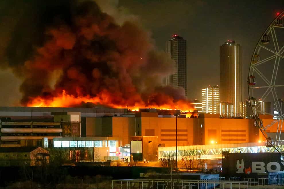 A massive blaze is seen over the Crocus City Hall on the western edge of Moscow, Russia (Sergei Vedyashkin/Moscow News Agency via AP)