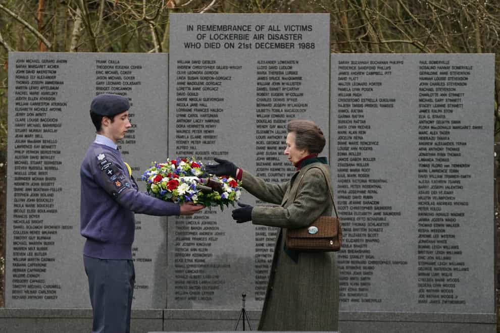 The Princess Royal lays a wreath at the Lockerbie Air Disaster Memorial in the Lockerbie Garden of Remembrance (Andrew Milligan/PA)
