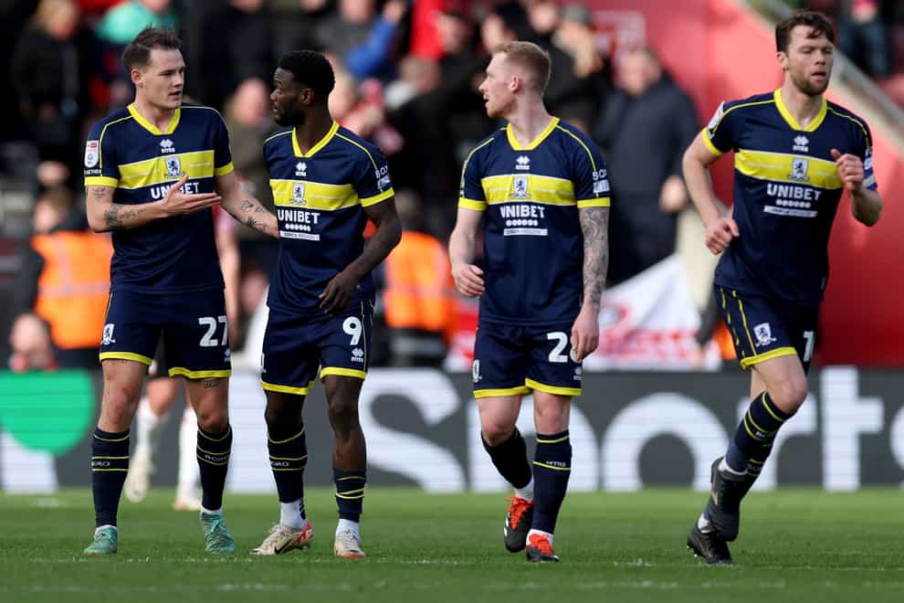 Emmanuel Latte Lath, second left, celebrates after scoring Middlesbrough’s equaliser (Steven Paston/PA)