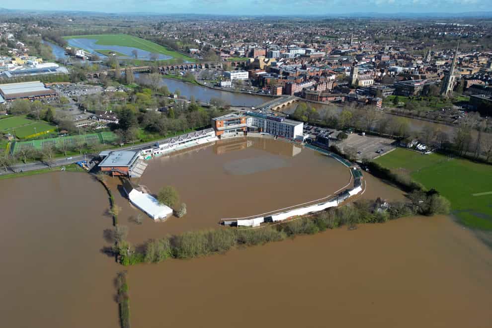 An aerial view showing a flooded New Road Cricket Club, home of Worcestershire CCC, in Worcester (Jacob King/PA)