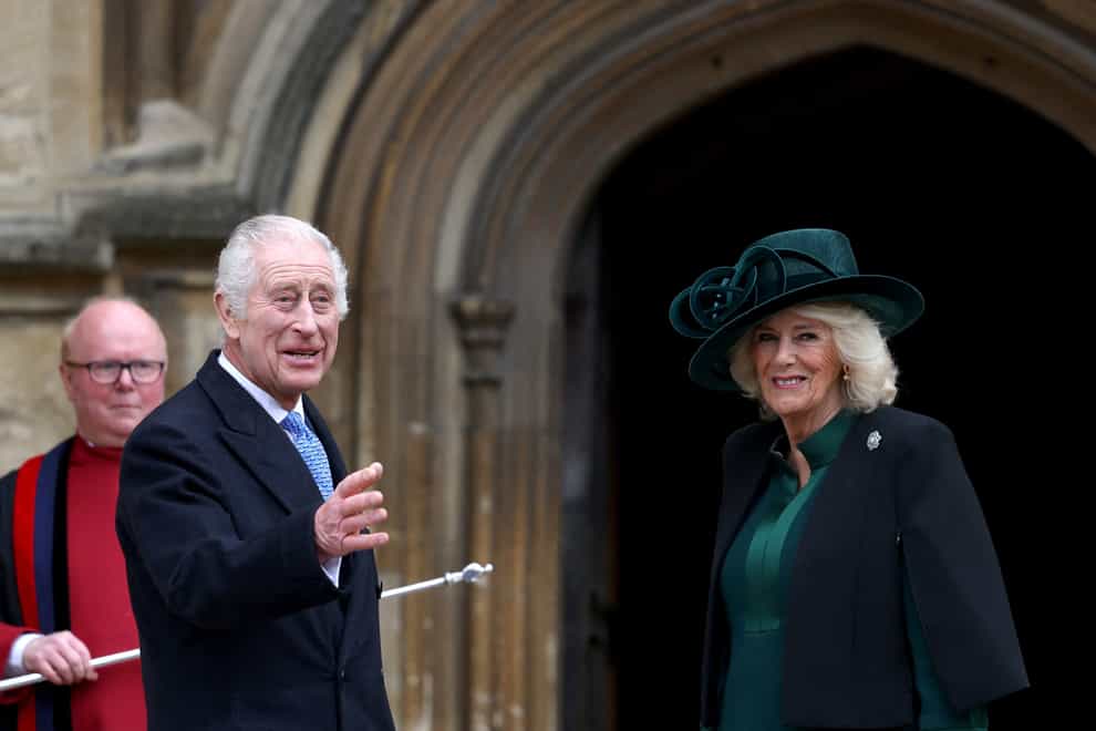 The King and Queen Camilla arrive to attend the Easter Mattins Service at St George’s Chapel at Windsor (Hollie Adams/PA)