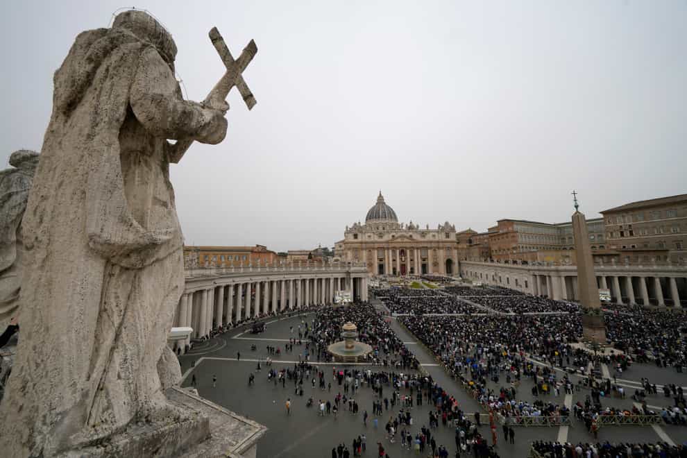 St Peter’s Square at the Vatican is filled with worshippers for Easter Sunday Mass (Alessandra Tarantino/AP)