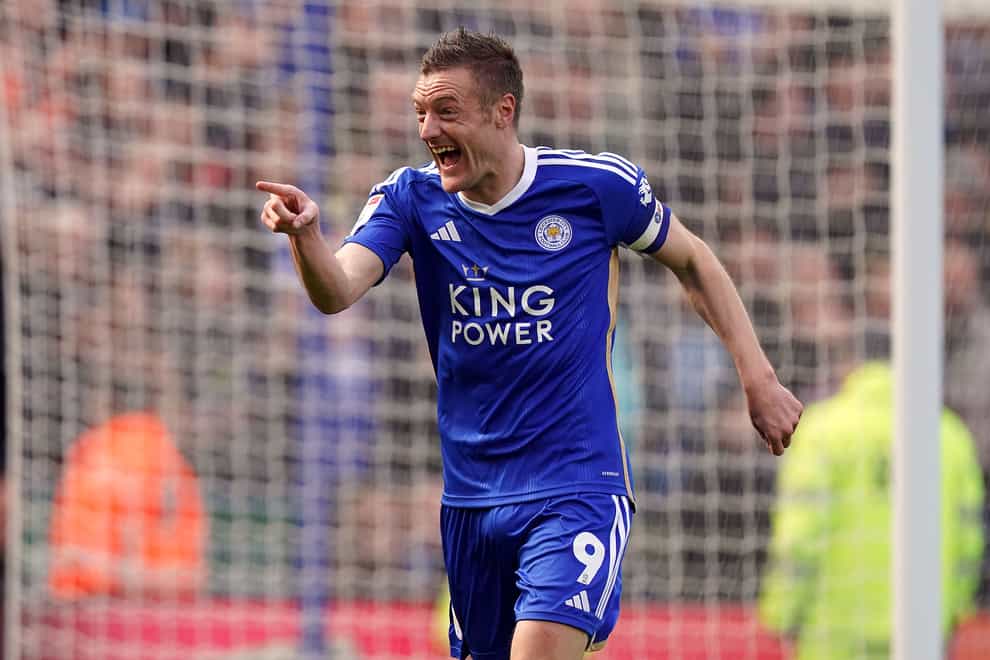 Leicester City’s Jamie Vardy celebrates scoring the third (Mike Egerton/PA)