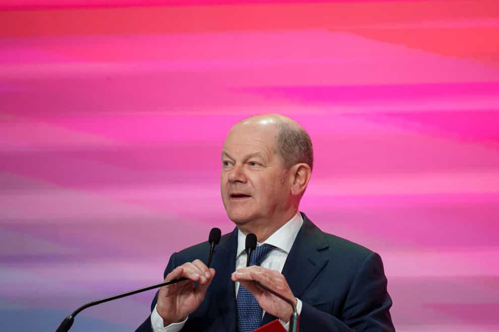 German Chancellor Olaf Scholz speaks during the Party of European Socialists Leaders’ Conference in Bucharest, Romania (Andreea Alexandru/AP)