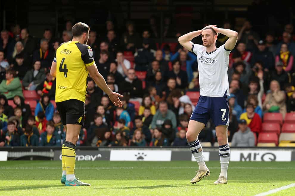 Preston North End’s Will Keane reacts to a missed opportunity during the Sky Bet Championship match at Vicarage Road, Watford. Picture date: Saturday April 6, 2024.