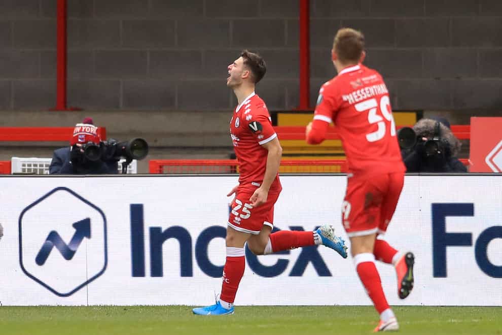 Crawley Town’s Nicholas Tsaroulla celebrates scoring his side’s first goal of the game during the Emirates FA Cup third round match at the People’s Pension Stadium, Crawley.