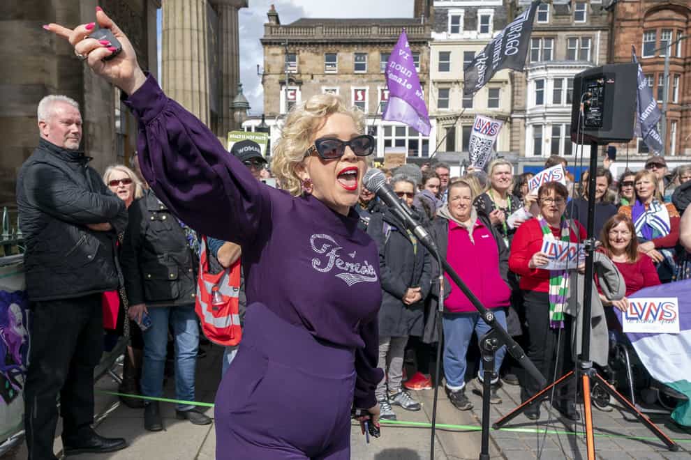 Activist Kellie-Jay Keen-Minshull, also known as Posie Parker, speaks during the Let Women Speak rally in Edinburgh (Jane Barlow/PA)